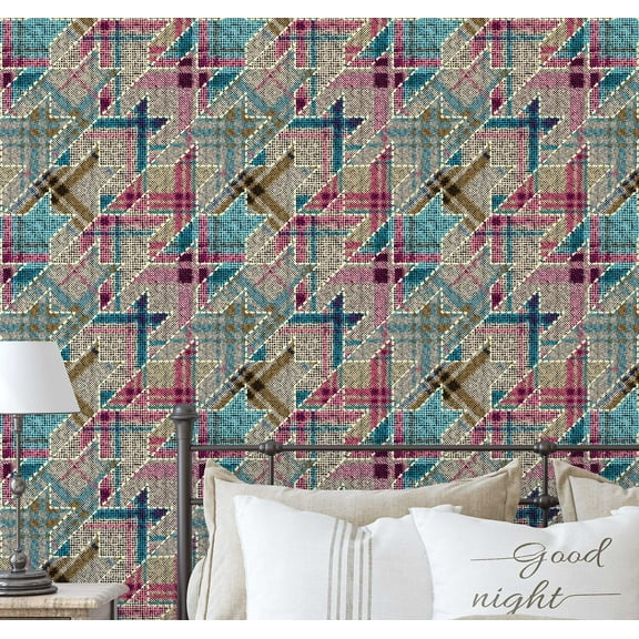 S4Sassy Abstract Tartan Patch Wallpaper - Pink Wall Covering, 25" X 120" Self-Adhesive Vinyl Walls Paper, Decorative Wallwrap, Easy Diy Walls Covering For Bedroom, Living Room, Living Space