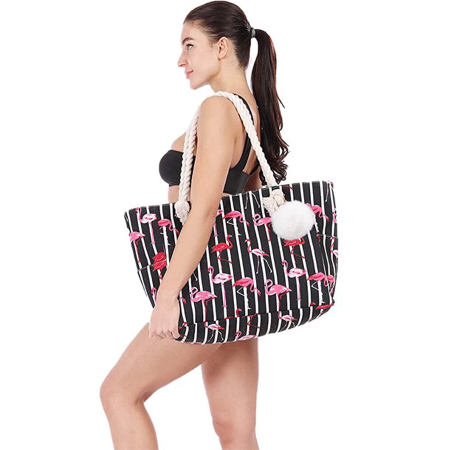 Extra Large Beach Bags Totes Women Waterproof Sandproof Big Tote Bag with Zipper Inner Pockets Rope Handle Canvas with Zip Closure Swim Pool Gym Picnic Travel Weekend Accessorie Flamingo Handbag Gifts