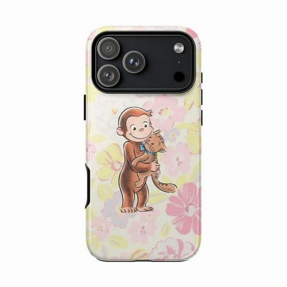 George The Monkey & Teddy Bear Phone Case, Soft Pastel Floral Art Cover for iPhone 17 16 15 14 13 12 11 Pro Plus Mini