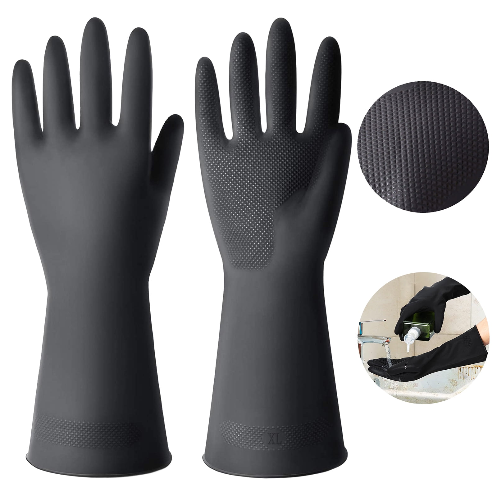 Tripumer 1 Pairs Black Cleaning Dish Gloves Professional Natural Rubber