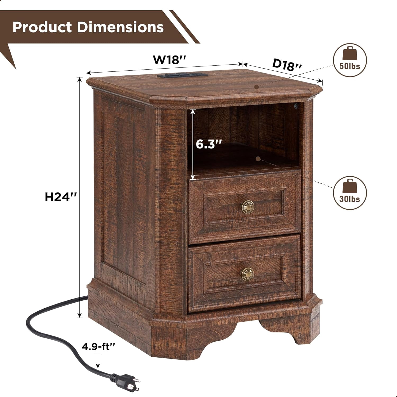 OKD 2-Drawer Nightstand with Charging Station, Farmhouse End Table with USB Ports for Living Room or Guest Room, Reclaimed Barnwood