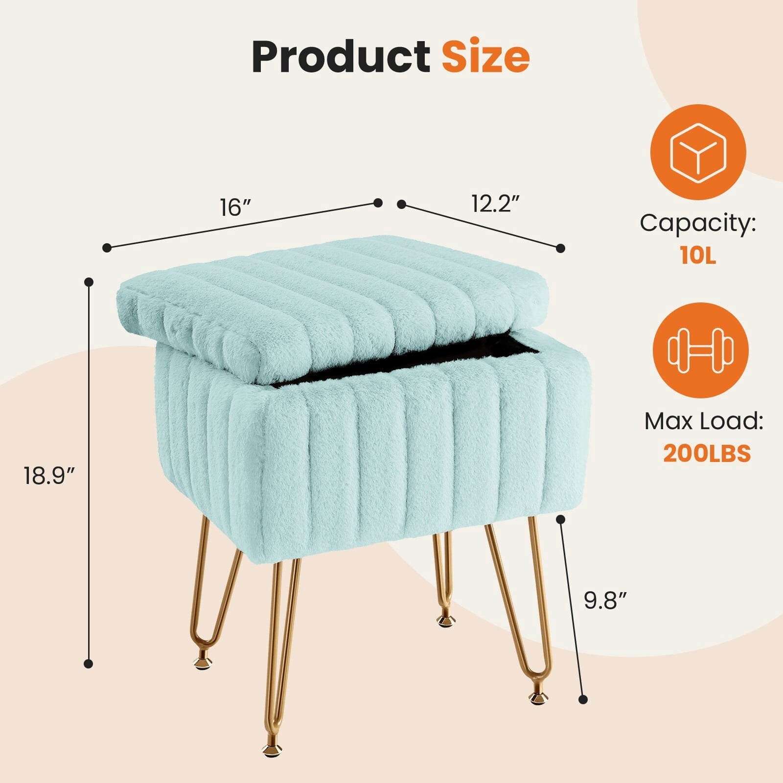 Kelno 18.9" Faux Fur Vanity Stool with Hidden Storage Soft Padded Ottoman Footrest with Metal Legs Antislip Adjustable Feet, Mint Green