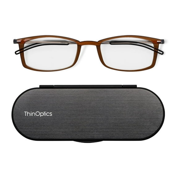 Always With You by ThinOptics Reading Glasses with Slim Case – Readers Attach to Your Phone, Tablet, or Fit in Your Pocket - Rectangular Brown, 1.0x