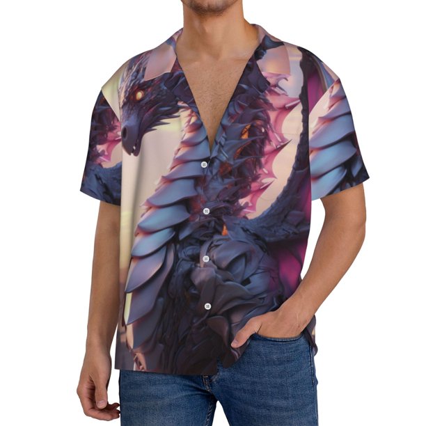 Fotbe Dragon Camisa Estampada de Manga Corta para Hombre, Casual de Verano, Estilo Playero, Sin Arrugas-Large