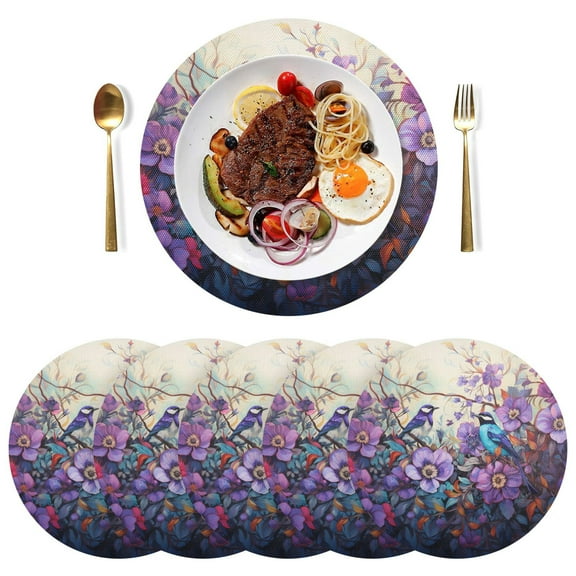 Bird Flowers Floral Purple Black Round Placemats Plate Mats 15 Inch Non-Slip Heat Resistant Washable PVC Set Indoor for Kitchen Dining Table 1PC