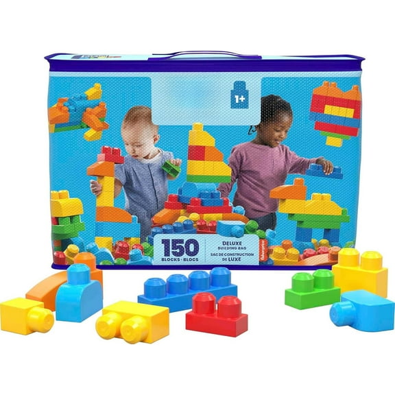MEGA BLOKS First Builders Toddler Blocks Toys Set, Deluxe Building Bag with 150 Pieces and Storage, Blue, Ages 1  Years