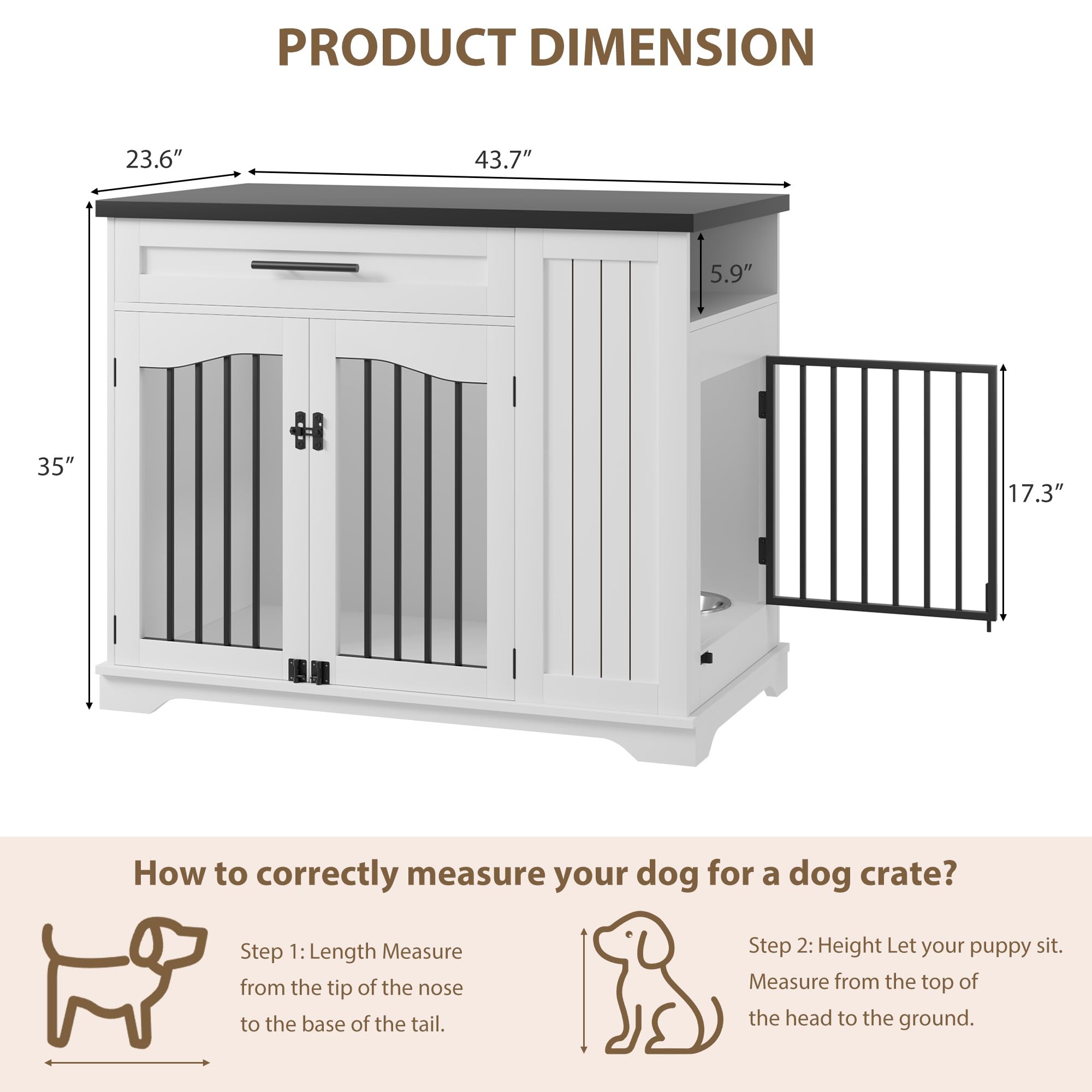 Danolapsi Furniture Style Dog Crate for Large Dogs, 44 Inch Heavy Duty Wooden Dog Kennel Furniture with Drawer & Side Storage and Bulit-in Feeding Station