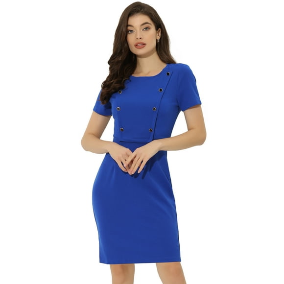 Vestido de tubo Allegra K Azul Real L, informal, de negocios, cuello redondo, manga corta