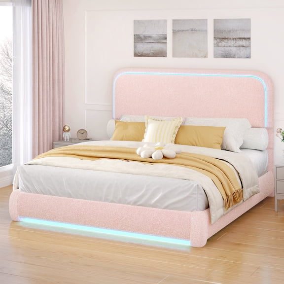 SIBEDS Queen LED Bed Frame, Teddy Fleece Upholstered Platform Bedframe, No Box Spring Needed, Pink