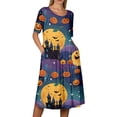 thumbnail image 4 of Women's Halloween Print Casual Dress, Short Sleeve V-Neck Style for Everyday Wear, Halloween Themed Fashion Dress for Ladies Light Purple L, 4 of 6