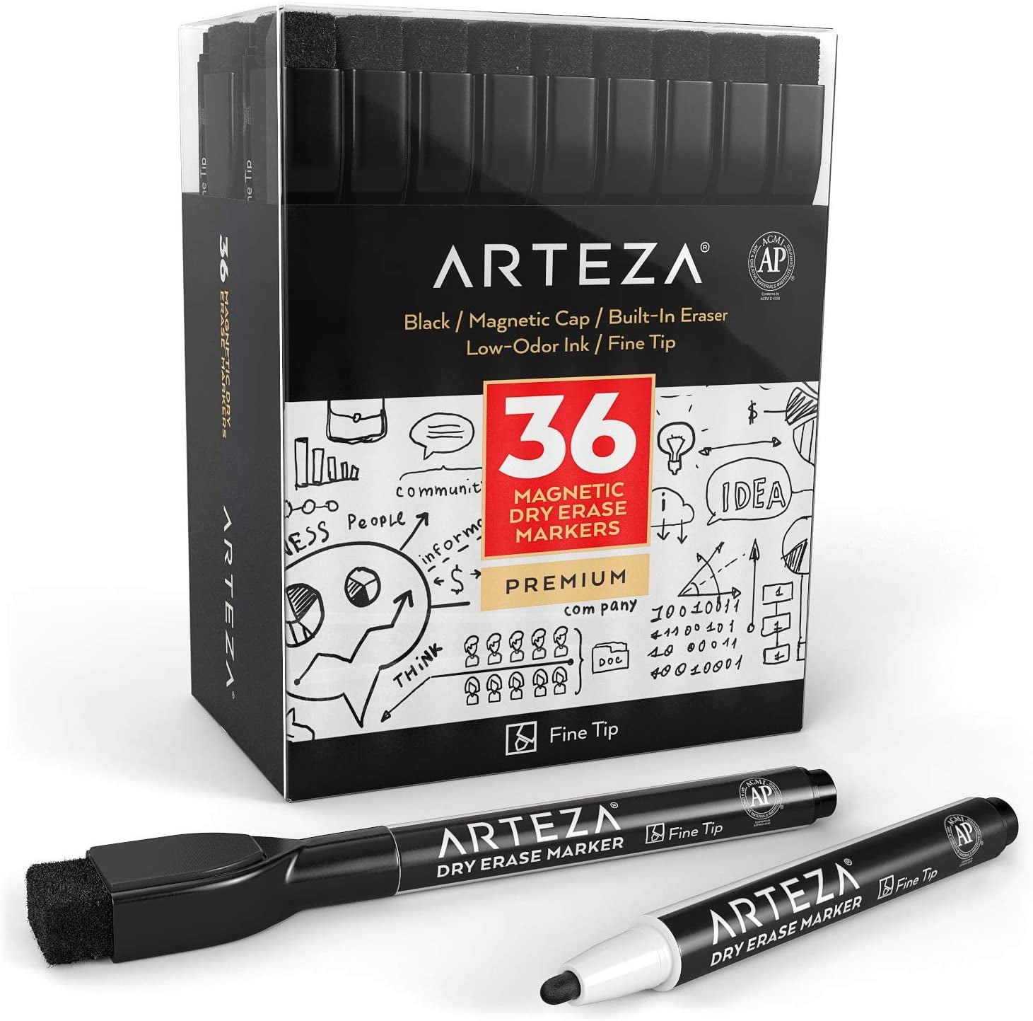 Arteza Dry Erase Markers, Eraser Caps, Fine Tip, Black, Pack