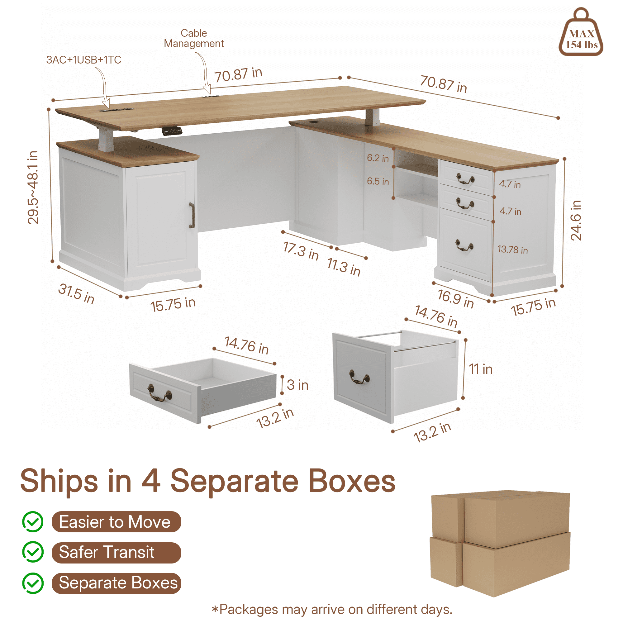 71" L-Shaped Executive Standing Desk, White Sit Stand Desk with Drawers, AC/USB Outlets, Storage Cabinet & Privacy Panel for Office & Home