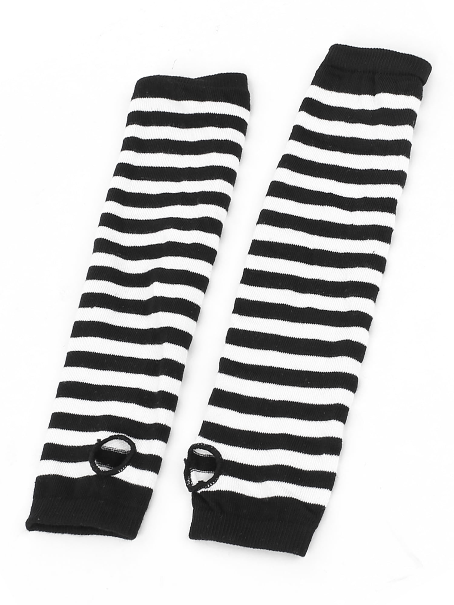 Lady Fingerless Stripes Prints Fabric Arm Long Gloves Warmers Gray Black Pair
