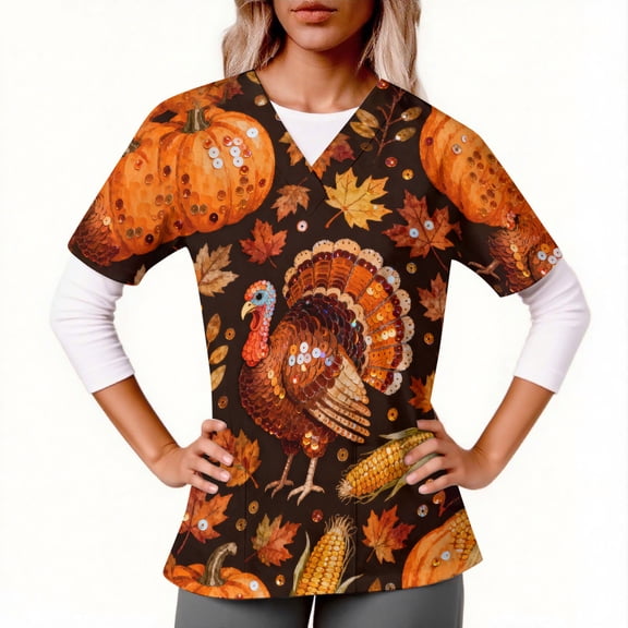 Haivin Thanksgiving Women's Short-sleeved V-neck Top With Double Pockets Work Uniform
