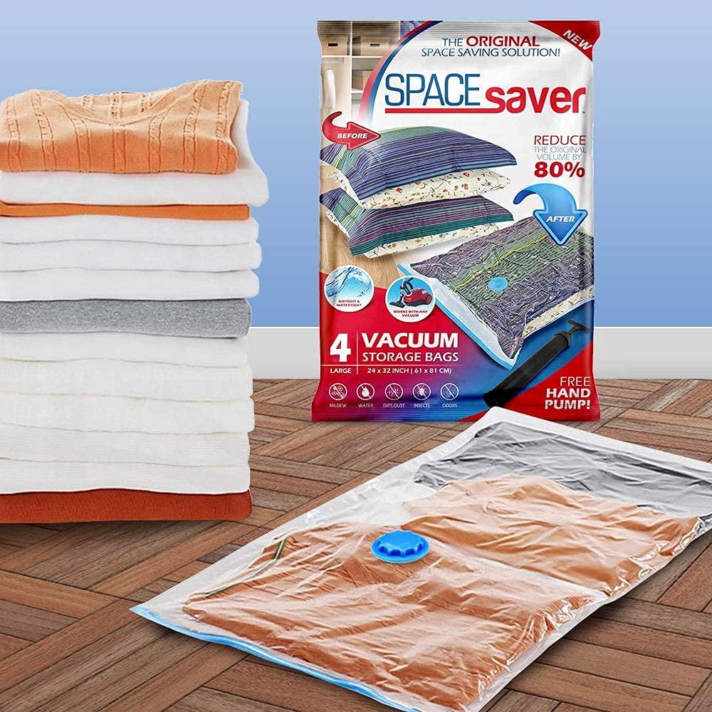 Spacesaver Premium Vacuum Storage Bags - 80% More Storage! Hand-Pump for Travel! Double-Zip Seal and Triple Seal Turbo-Valve for Max Space Saving! (Large, 4 Pack)