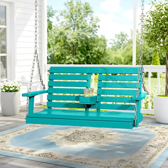 KINGYES Outdoor Hanging Swing Chair, HDPE 3 Seats Porch Swing with Cup Holders, 660LBS Weight Capacity, Aruba