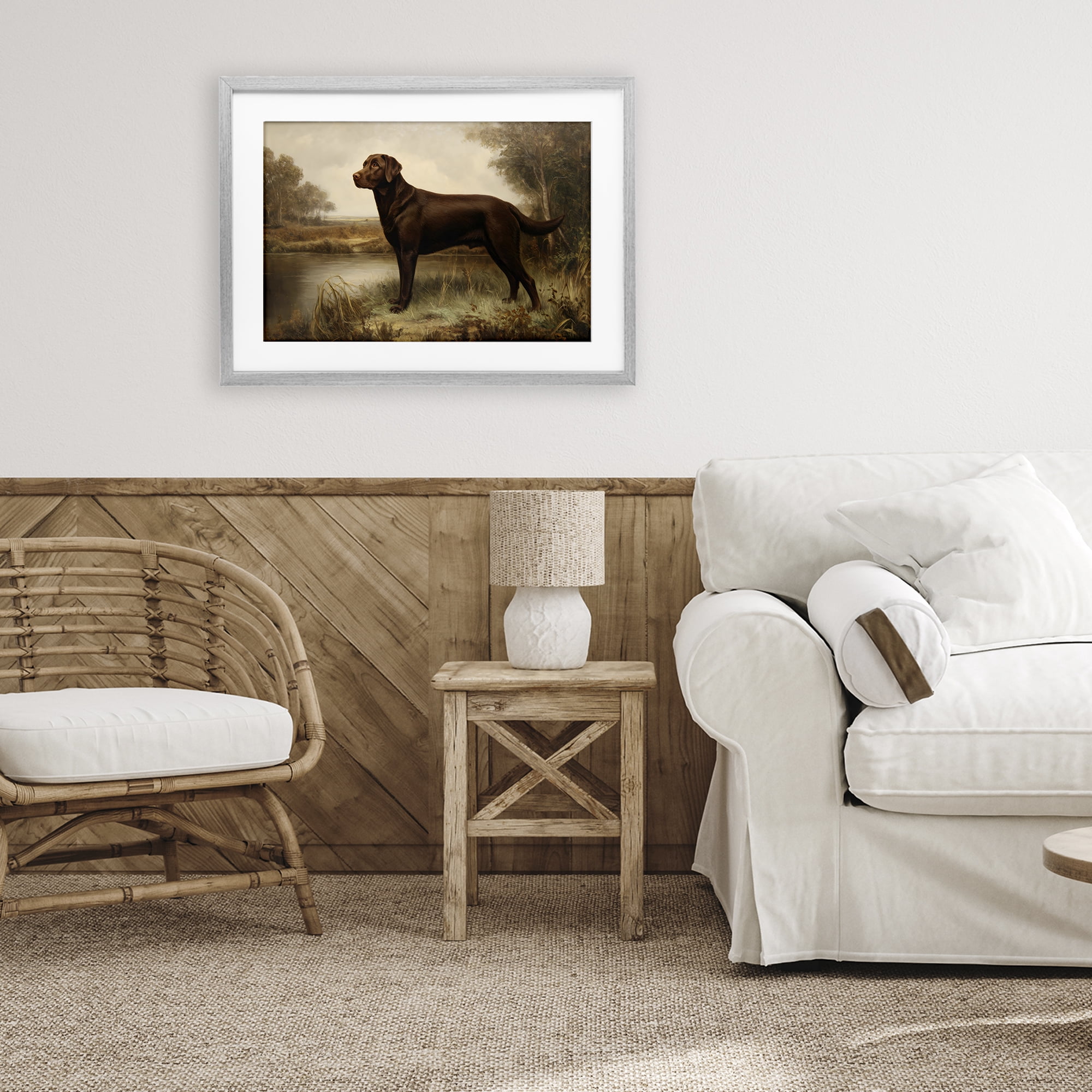 Stupell Industries Brown Lab By The River Gray Framed Print Under Glass, design by Petal Prints Design
