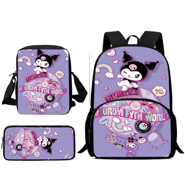 Mochila Sanrios Kuromi para niños y niñas, Juego de 3 piezas, bolso de hombro, estuche para lápices, mochilas escolares de gran capacidad, el mejor regalo