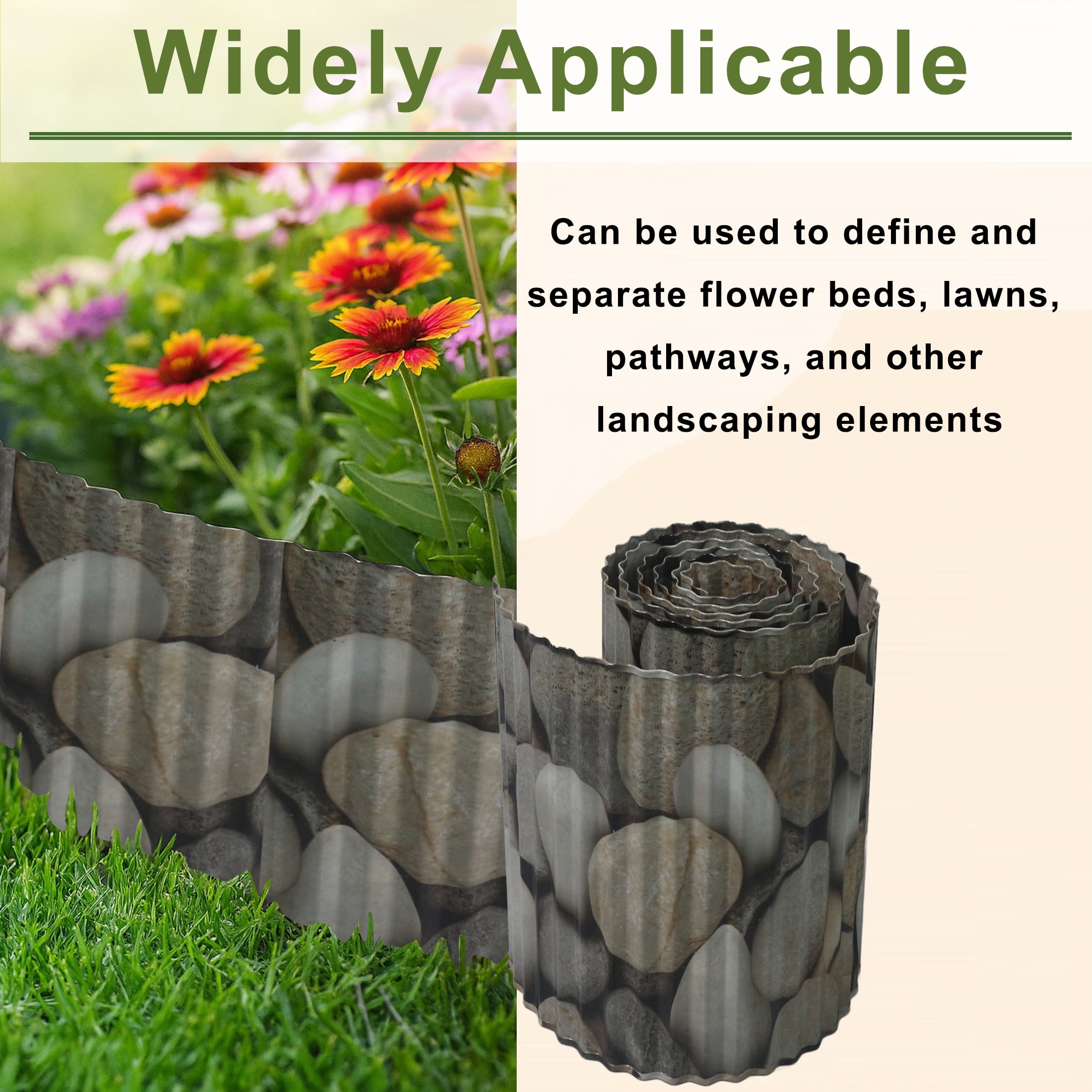 4W Double-Sided Pebble Print Galvanized Steel Garden Edging, 10" x 10.5' Flexible Corrugated Landscape Border for Flower Beds, Lawns, and Tree Rings