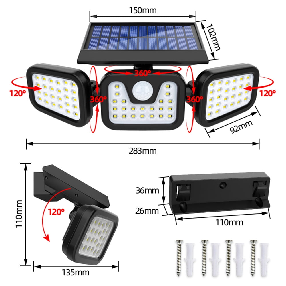 3Heads Outdoor Solar Wall Lamp 128LED Motion Sensor Rotatable Street Spot Light