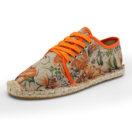 

Contrast Color Shoelace Floral Print Espadrilles Plaited Fiber Rubber Sole Light Canvas Shoes Women‘s Footwear