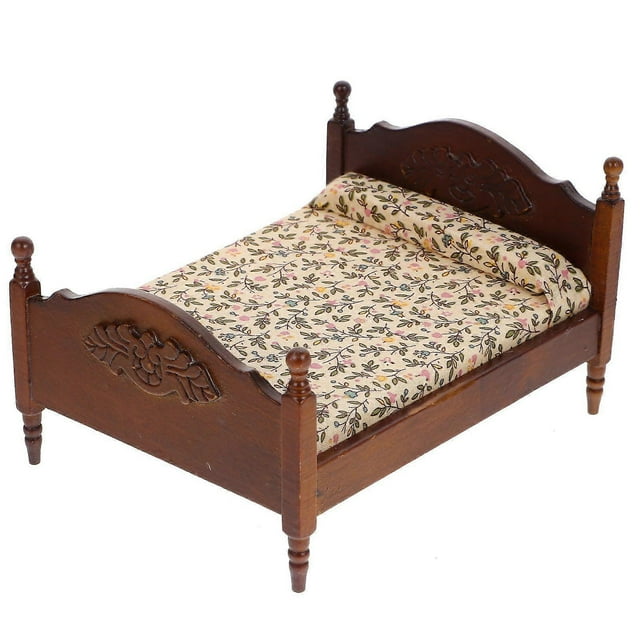 Mini House Miniature Bedroom Double-Bed Miniature Wood Bed Mini Adornment
