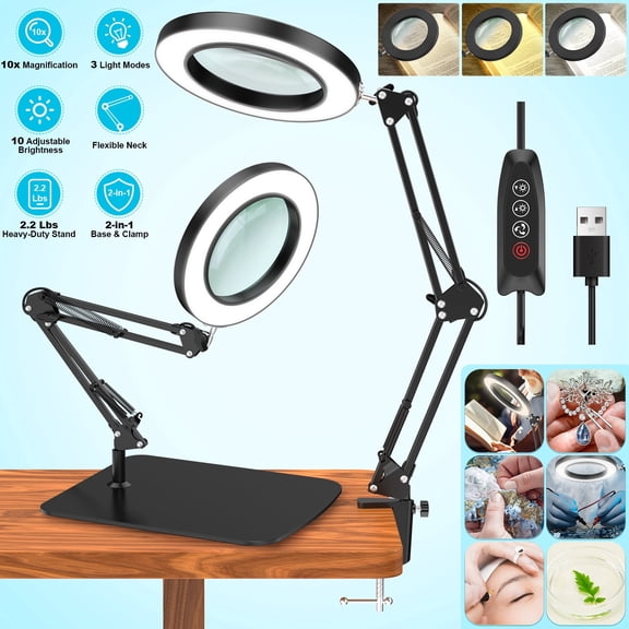 BEBANG 10X Magnifying Glass with Light and Stand, 3 Dimmable Color Modes, 4.2″ Real Glass, 2-in-1 Lighted Magnifying Lamp for Close Work Sewing Crafts