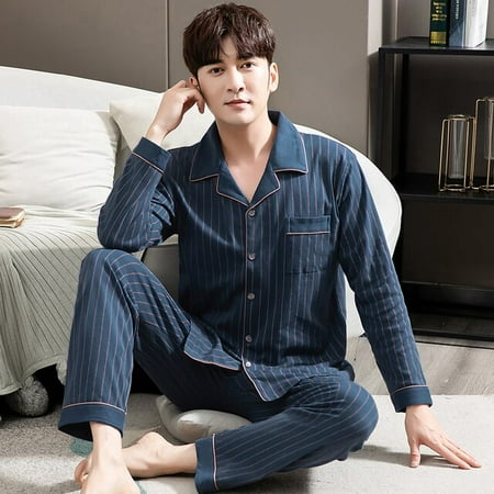 

QWZNDZGR Big Size M-4XL Autumn HQ Cotton Gentleman Men Pyjamas Men s Pajamas Sets Lapel Sleepwear Pyjamas Night Suits Pijamas Homewear PJ