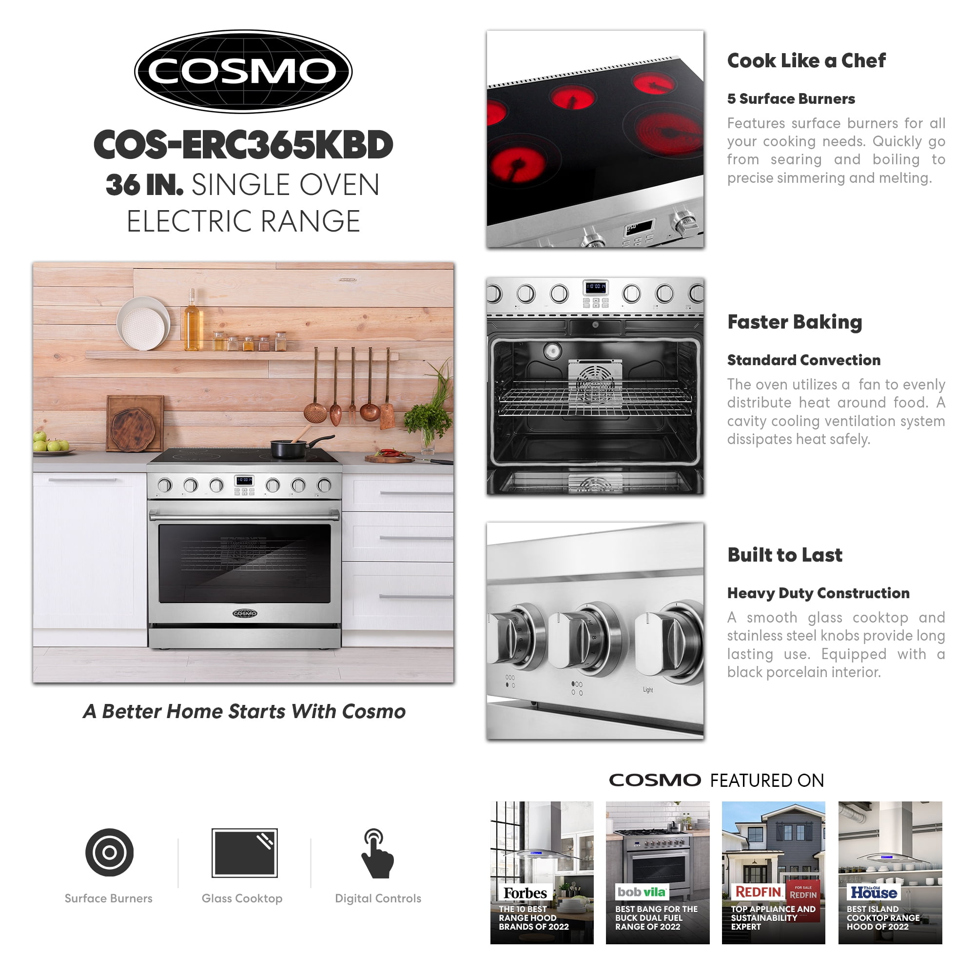 Commercial Style 36 in. 6.0 cu. ft. Electric Range with 5 Burner Glass Cooktop and Convection Oven in Stainless Steel