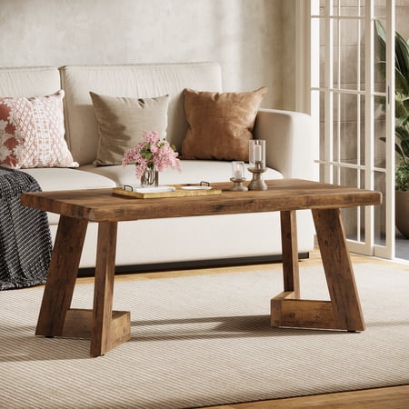 Tribesigns Rectangle Coffee Table for Living Room Farmhouse Wooden Center Table with V-Shaped Legs