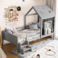 thumbnail image 2 of House Platform Bed with Stairs and Bookcase, Twin Size Solid Wood House Bed with Low-Profile Stairs, Window, Blackboard, and Star Roof, Gray Wooden Bed Frame, No Box Spring Needed, 2 of 8