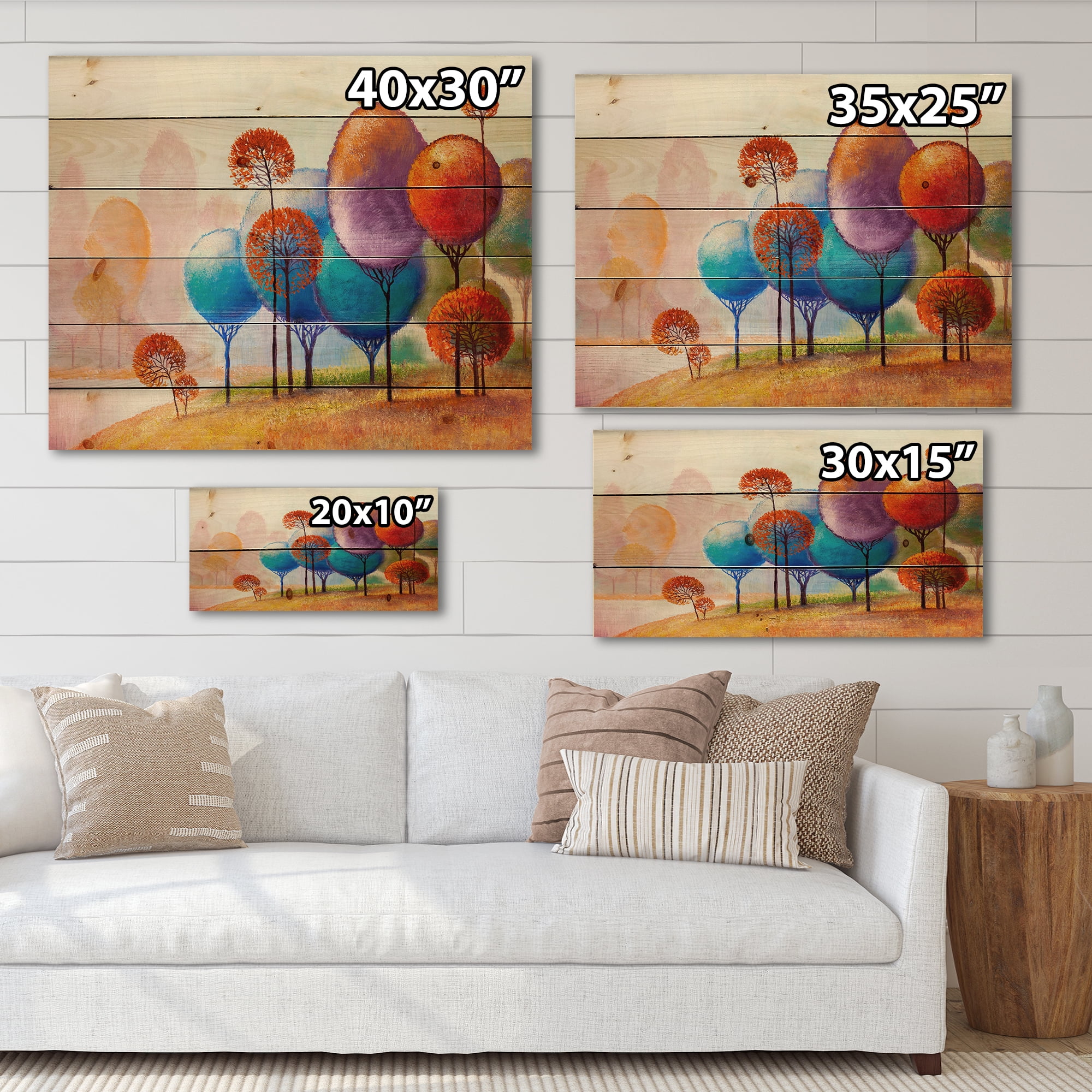 Designart 'Colourful Trees Abtract Impression III' Traditional Print on Natural Pine Wood