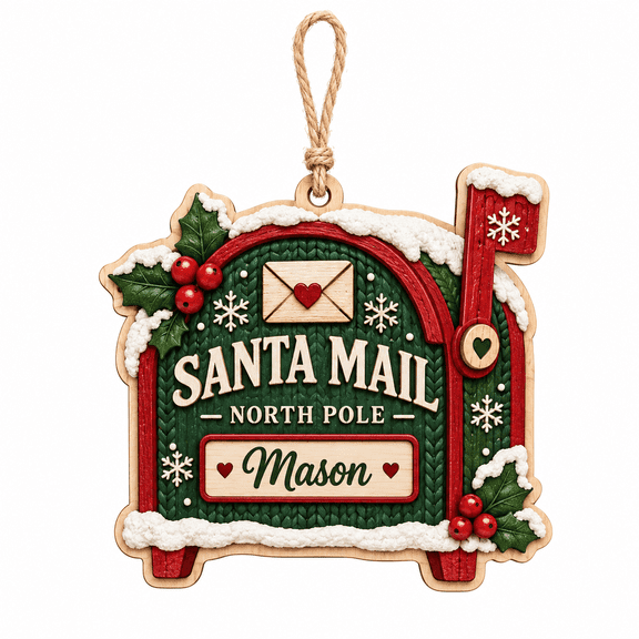 2-Layer Wooden Ornament, Personalized Santa Mailbox Christmas Tree Hanging, Holiday Gift