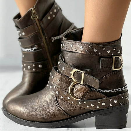 

XDDST Large Size Womens Western Boots Ankle-High Medium Heel Women s Punk Style Mid Calf Casual Boots for Fall and Winter Heel with Belt Decor Short Boots for Women Brown