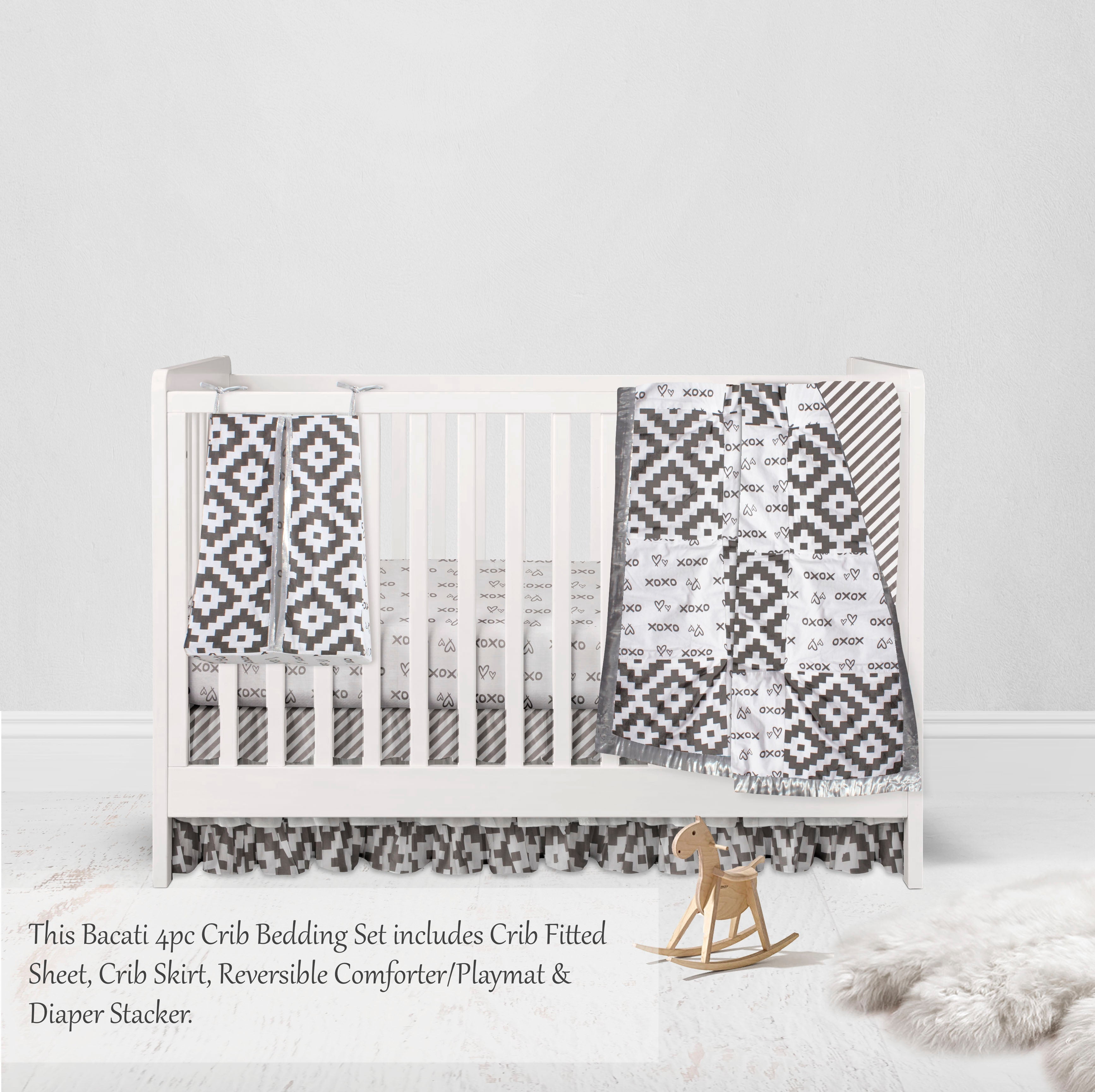Bacati - Love Aztec 4-Piece Crib Bedding Set with Diaper Stacker - Grey/Silver Unisex