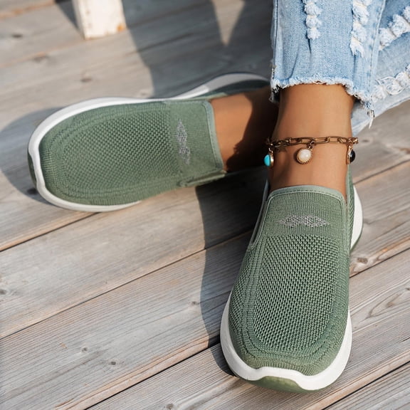 Slip On Sneakers Women Breathable Mesh Knitted Woven Low Top Walking Shoes Lightweight Wide Width Non-Slip Shoes Army Green 9.5