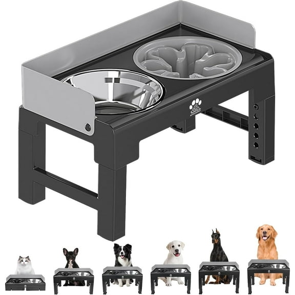 Elevated Dog Bowls 6 Height Adjustable Raised Dog Bowl Stand with Stainless Steel and Slow Feeder Bowl with Baffle Non-Slip Pet Bowls for Tall Large Medium Small Dogs Cats Grey