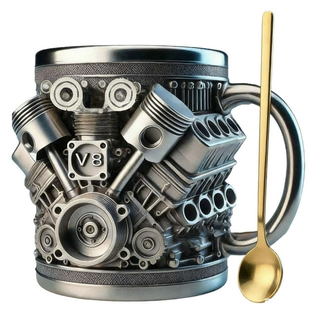 Taza de acero inoxidable con motor V8, nueva taza de café con motor de automóvil, con cuchara y forro de acero inoxidable, personalizada para amantes de los autos, mecánicos y aficionados a los engra