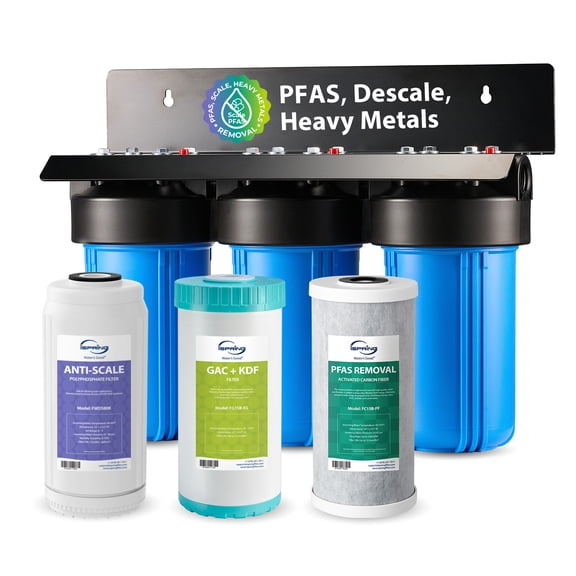 iSpring WGB31B-PFKDS 3-Stage Whole House Filter System, SGS-Tested to Remove 99% PFAS. Reduces Scale, Heavy Metals, Lead & Corrosion. Features 10” x 4.5” Filters and 1” NPT Inlet/Outlet.