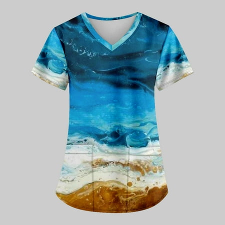 

Yubatuo Women Plus Size Scrubs Top with Pockets V-Neck Short Sleeve Animal Print Work Blouse for Women Blue XL