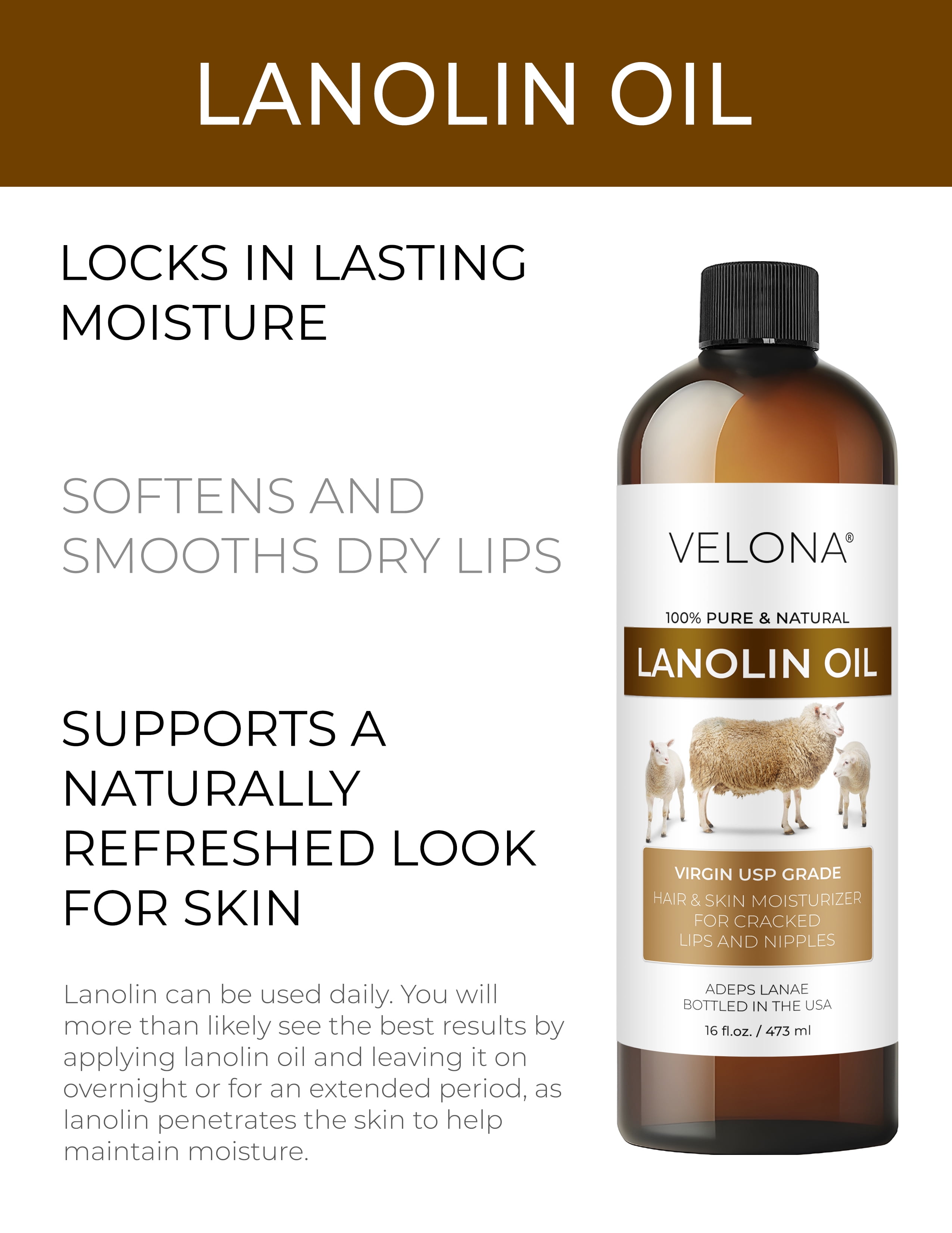 Lanolin Oil USP Grade by Velona - 16 oz | 100% Pure and Natural Carrier Oil | Refined, Cold pressed | Skin, Hair, Body & Face Moisturizing | Use Today - Enjoy Results