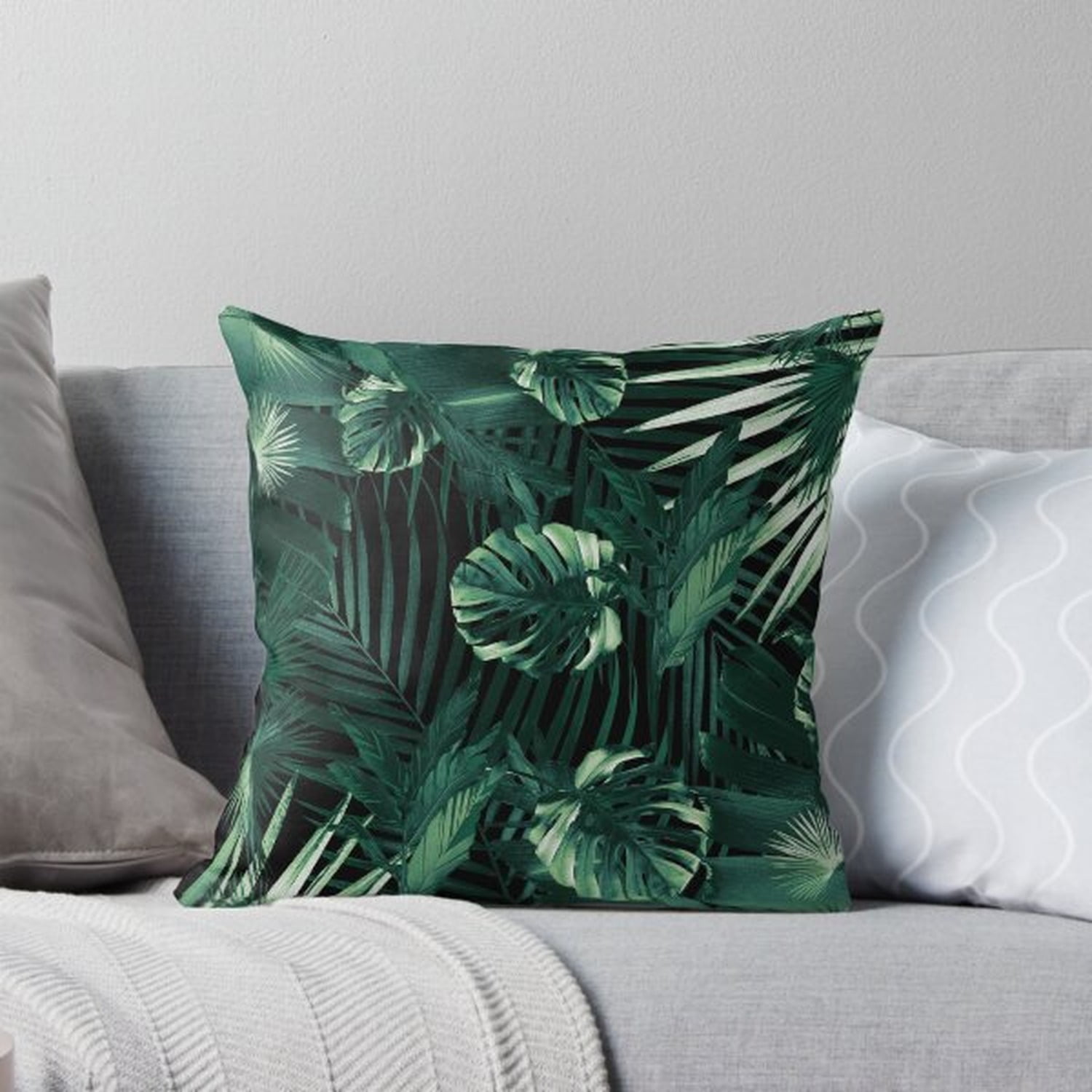 Dark Green Tropical Monstera Leaves and Palm Fronds Square Pillow Case 100% Polyester Velvet
