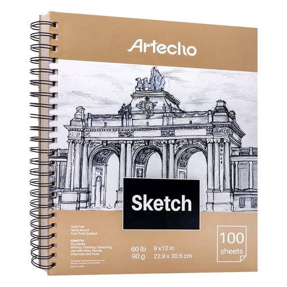 Artecho 9x12 Sketch Book, 100 Sheets (60 lb/90gsm), Spiral Bound, Art Supplies Sketch Pad, Durable Acid Free Drawing Paper, Ideal for Kids & Adults, Natural White