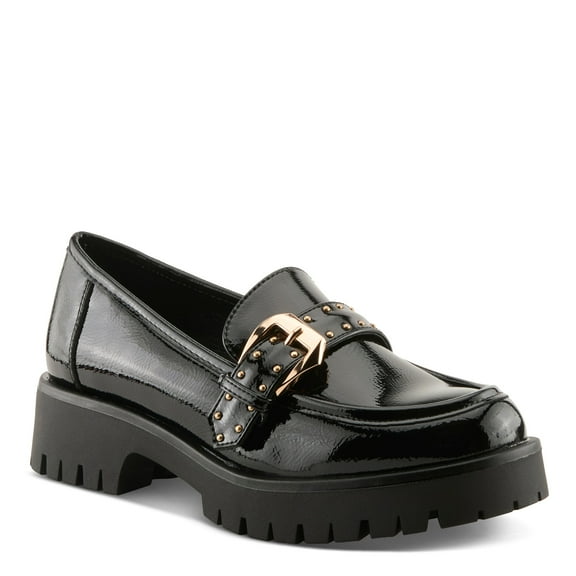 Patrizia Pacha Women’s Patent Loafers with Gold Buckle and Stud Detail