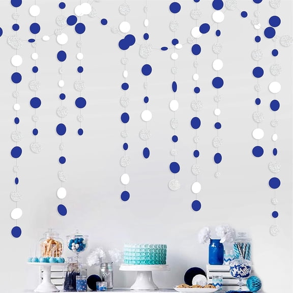 46 Feet Navy Blue White Silver Circle Dots Garland Hanging Paper Polka Dots Streamer Backdrops for Birthday Wedding Bridal Baby Shower Nautical Ahoy Achor Pirate Theme Party Decorations Supplies