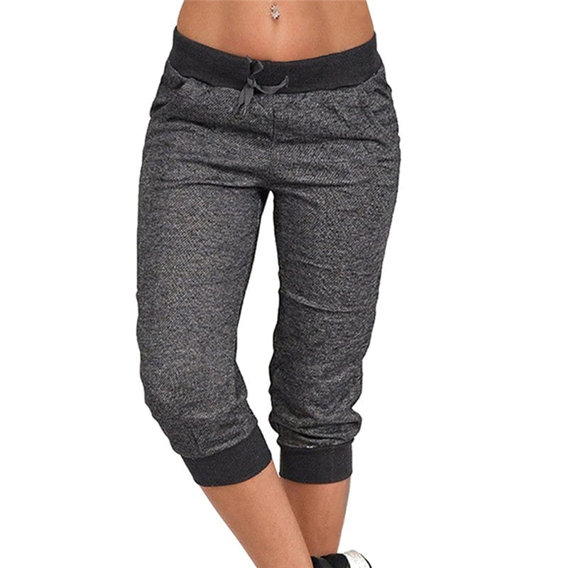 Women Sweatpants Joggers Capri 3/4 Length Cropped Trousers Outdoor Walking Running Pants with Pockets Drawstring 
