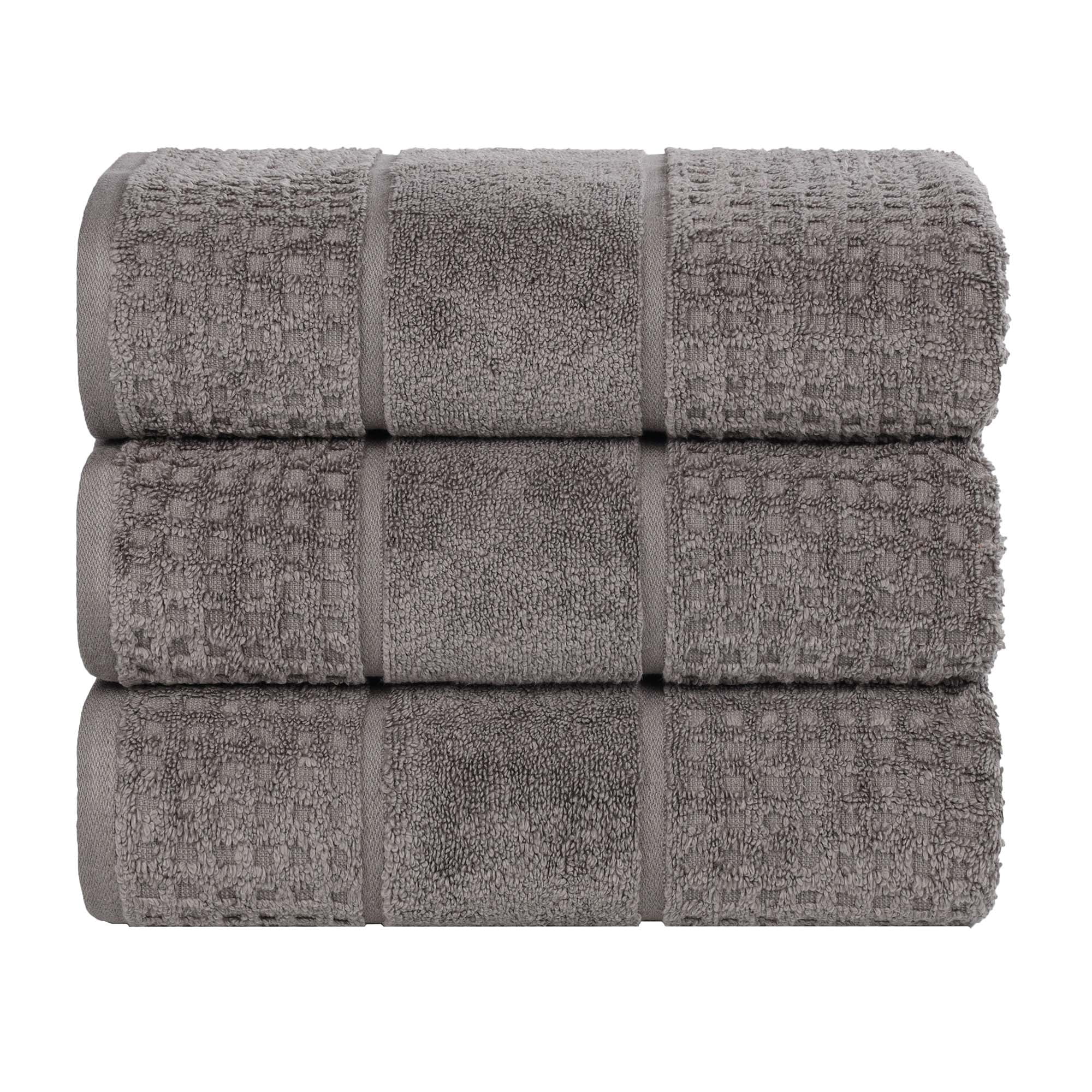 Superior Zero Twist 3-Piece Cotton Bath Towel Set, Waffle Border Ultra Doft Quick Dry Towels, Charcoal