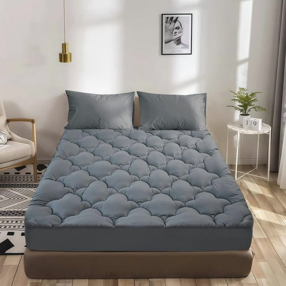 WQSPRING Queen Size Mattress Topper, Extra Thick Pillow Top Airflow Pad & Mattress Protector Queen for Back Pain Relief, Breathable Bed Topper Queen Grey Deep Pocket Cover