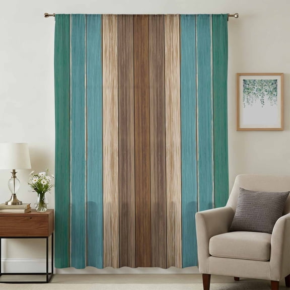 Teal Blue Brown Sheer Curtains 72 Inches Long, Farmhouse Retro Wooden Grain Stripes Light Filering Curtains, Breathable Simi Curtain Privacy Drapes for Living Room Bedroom Window Treatment