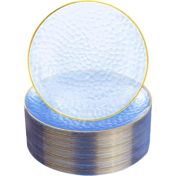 DaYammi 100 Pcs Clear Blue Gold Plastic Plates, Clear Hammered Plastic Plates, Blue Party Platos, Disposable Salad/Dessert Platos, 7-Inch Disposable Dessert/Appetizer Platos Perfect For Party